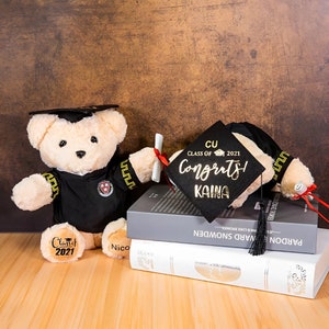 Aangepast logo + naam + jaar afstuderen teddybeer, gepersonaliseerde schoolbadge afstuderen beer knuffel, afstuderen teddybeer met motorboard