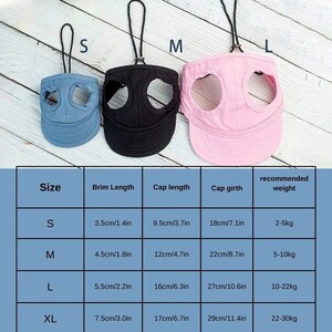May include: A chart showing different sizes of dog hats with measurements in inches and recommended weight in pounds. The chart shows a blue, black, and pink hat.