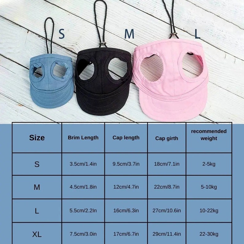 May include: A chart showing different sizes of dog hats with measurements in inches and recommended weight in pounds. The chart shows a blue, black, and pink hat.