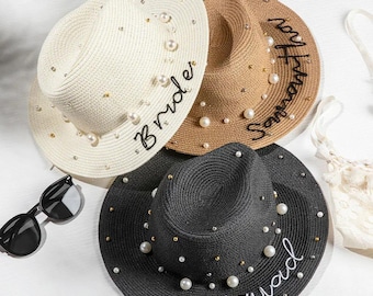 Bridesmaid Straw Hat with Custom Name + Pearl Detailing, Hen Do Vacation Accessories, Girls Trip Matching Beach Hats, Personalized Straw Hat