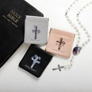 Custom Rosary Pouch with Cross Birth Flower and Squeeze Top, 1st Communion Gift, Catholic Christian Missionary Gift, Catholic Church Gift