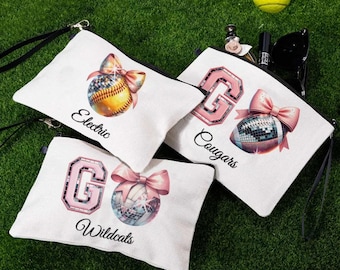 Bolsa de maquillaje de lino con nombre personalizado, bolsa de cosméticos Go Team con cremallera y correa para la muñeca, neceser deportivo con lazo de bola de discoteca, neceser de animadora
