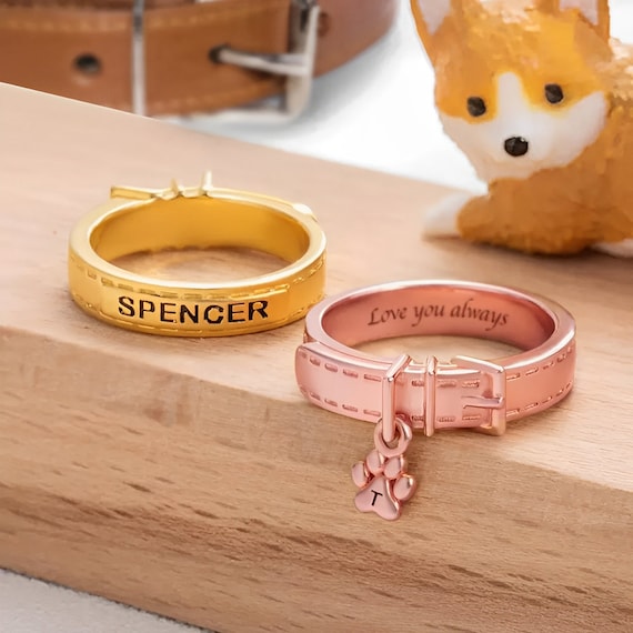 Pet Collar Ring - Custom Engraved with Initial Charm, Personalized for Dog/Cat Mom, Dainty Mini Charm Jewelry