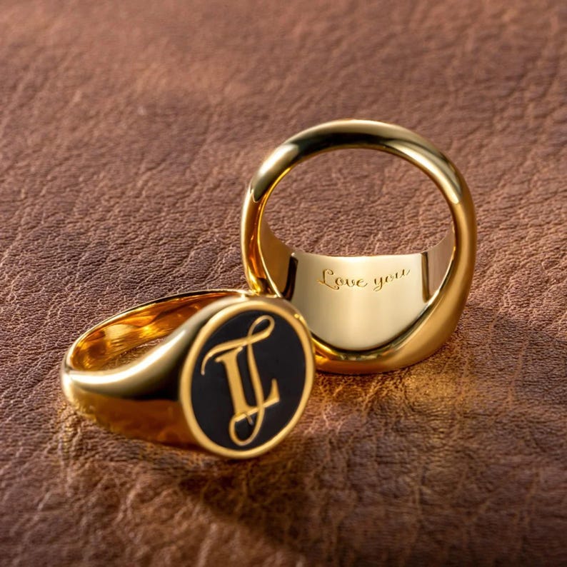 Custom Monogram Signet Ring With Inside Engraving, Black Personalized ...