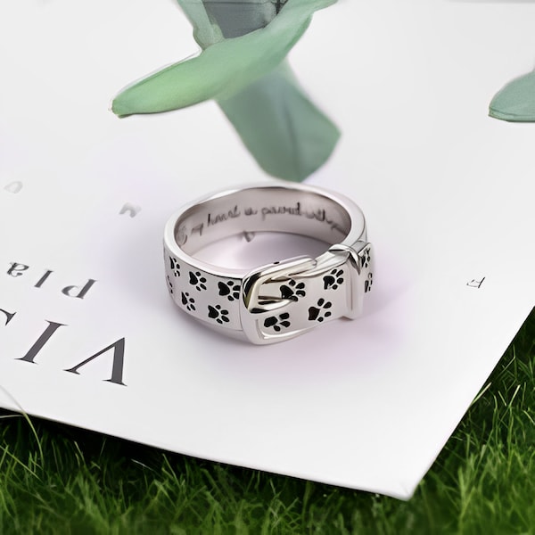 Custom Pet Collar Ring with Pawprints in 925 Sterling Silver and Custom Name/Message Engraving, Gift for Dog/Cat/Pet Lover, Unique Ring