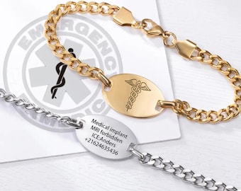 Medical Alert ID Bracelet with Custom Engraving, Adjustable Medical Alert Emergency Bracelet, Allergy/Medical Implant Warning Bracelet