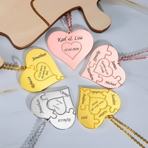 Personalised Heart Puzzle Necklace, Perfect Gift for Mom, Engraved Names Friends + Family, Christmas Gift for Mom/Grandmother/Aunt