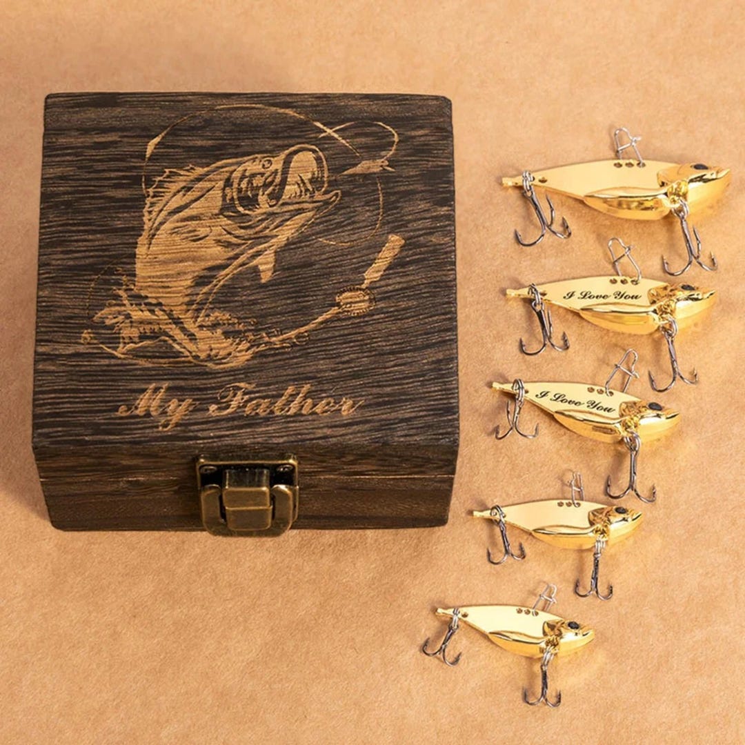 Bionic Fish Shape Metal Fishing Lures Set in Wooden Box With Engraved Text   Sea Tackle Gift for Dad Husband Fisherman Birthday - Etsy