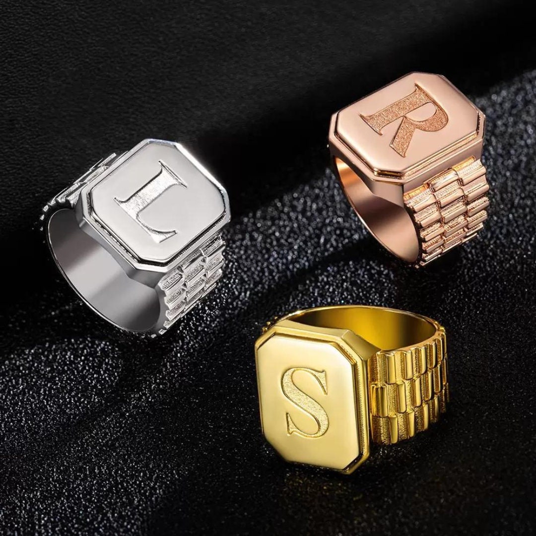 Custom Initial Men's Signet Ring, 925 Sterling Silver/18k Gold Plating ...
