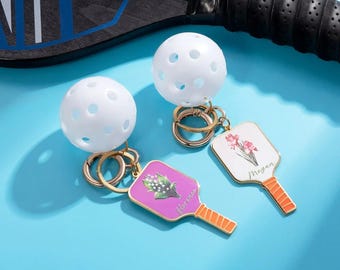 Personalized Birth Flower Pickleball Paddle Keychain with Name – Colorful Customized Pickleball Paddle Keychain w Mini Ball, Pickleball Gift