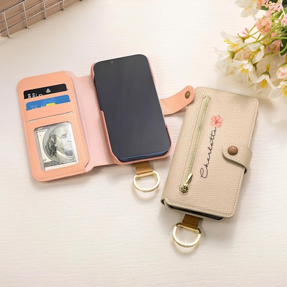Custom Name Birth Flower Vegan Leather Flip Phone Case  | RFID Blocking Wallet with Card Holder & Keyring