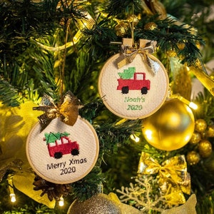 Custom Name Embroidered Christmas Tree Hanging Ornament, Personalised Christmas Embroidery Decoration, Beige Family Christmas Decorations