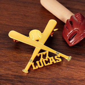 Custom Baseball Brooch with Name + Number in 925 Sterling Silver/18k Gold Plated, Personalized Baseball Brooch for Coach/Teammates/Players