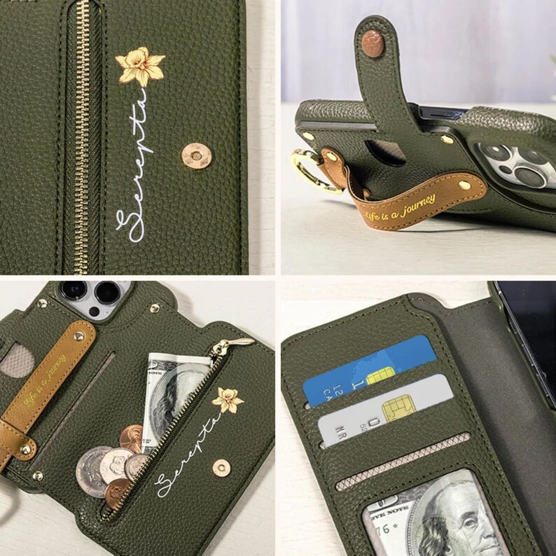 May include: Olive green leather phone case with a zipper pocket, card slots, and a wrist strap. The case features a gold zipper, a floral design, and the text "Serenta" and "Life is a Journey".
