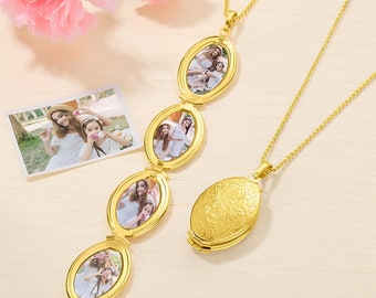 4 Photo Oval Locket Necklace w/ Floral Detailing | Custom Four Photo Flower Engraved Fold Up Locket Gift for Her, Multiple Photo Locket