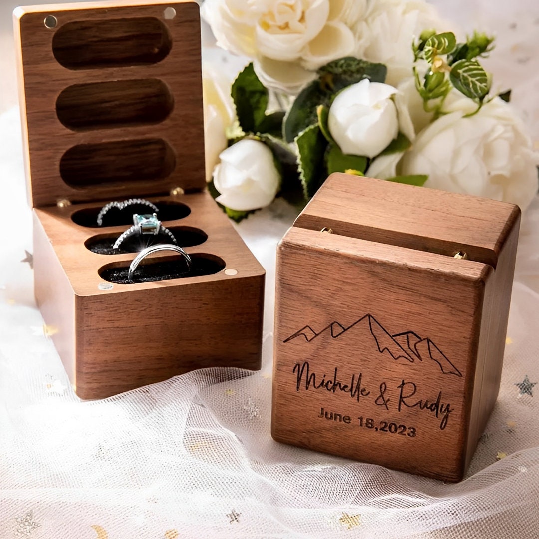 Custom Names 3 Ring Box in Walnut for Storing Wedding + Engagement ...