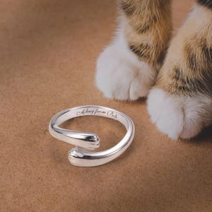 May include: A silver ring in the shape of hugging cat paws. The ring has the inscription "A hug from Beth". The ring is displayed on a brown surface, with a cat's paws in the background.