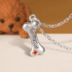 May include: Silver dog bone necklace with a red gemstone and the name "Brutis" engraved on it.