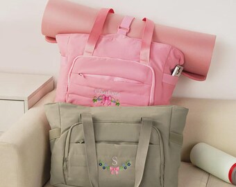 Personalized Floral Quilted Duffle Bag, Custom Embroidered Cotton Weekender Bag, Large Travel Accessory Gift for Women or Girls, Luggage Bag