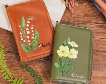 Organizador de cuaderno de viaje personalizado con flor de nacimiento y nombre, funda de diario de cuero personalizada, regalo de cumpleaños o Navidad.