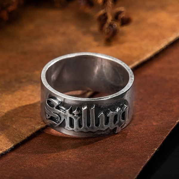 Custom Name Gothic Ring, Old English Style Unisex Ring,Brass/Sterling Silver 925 Ring, Tattoo Style Font Gothic Name Ring, Gift for Him/Her