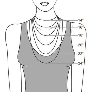 May include: Illustration of a person's upper body wearing a series of necklaces of varying lengths. The lengths are labeled in inches: 14", 16", 18", 20", 22", and 24". The necklaces are shown in a layered style to demonstrate how they would appear when worn.