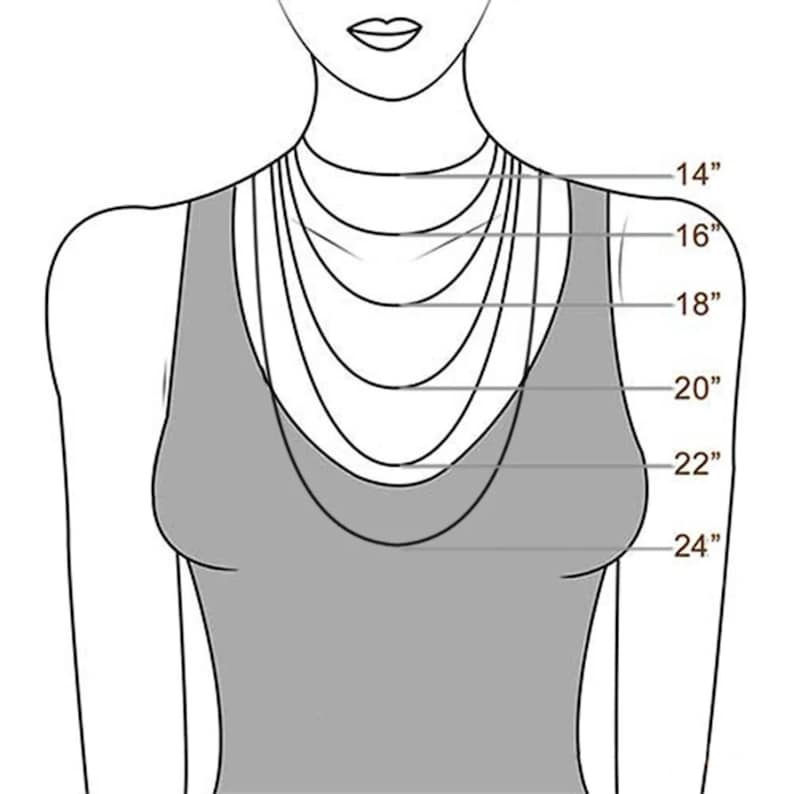 May include: Illustration of a person's upper body wearing a series of necklaces of varying lengths. The lengths are labeled in inches: 14", 16", 18", 20", 22", and 24". The necklaces are shown in a layered style to demonstrate how they would appear when worn.