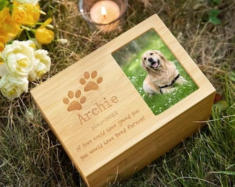 Personalized Wooden Pet Cremation Box with Photo & Message, Bamboo Memorial Cremation Urn, Pet Loss Memorial Gift, Customized Wooden Urn