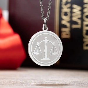 Scale of Justice Necklace with Engraved Custom Message, Libra Scales Disc Necklace, Gift for Lawyers/Barrister/Law Student/Graduation