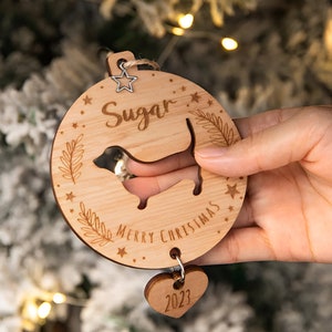 Custom Name + Dog Breed Silhouette Wooden Christmas Tree Ornament/Bauble, Personalised Pet Christmas Decorations, Wooden Christmas Decor
