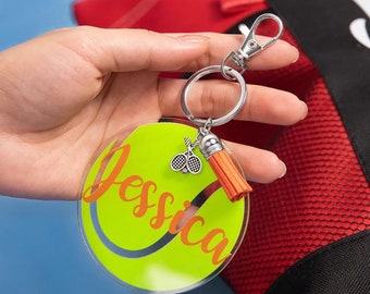 Tennis Ball Keychain with Custom Names (Set of 2), Acrylic Personalized Tennis Ball & Racket Bag Tag, Tennis Player/Coach/Tennis Lover Gifts