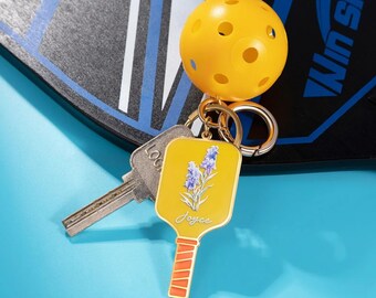 Personalized Birth Flower Pickleball Paddle Keychain with Name – Colorful Customized Pickleball Paddle Keychain w Mini Ball, Pickleball Gift