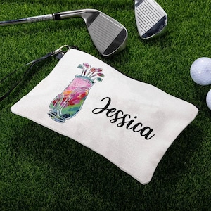Personalisierte Golf Leinen Make-up-Tasche | Personalisierte Kosmetiktasche mit Reißverschluss | Leinen Golftasche für Damen | Einzigartiges Golf Geschenk Travel Essentials