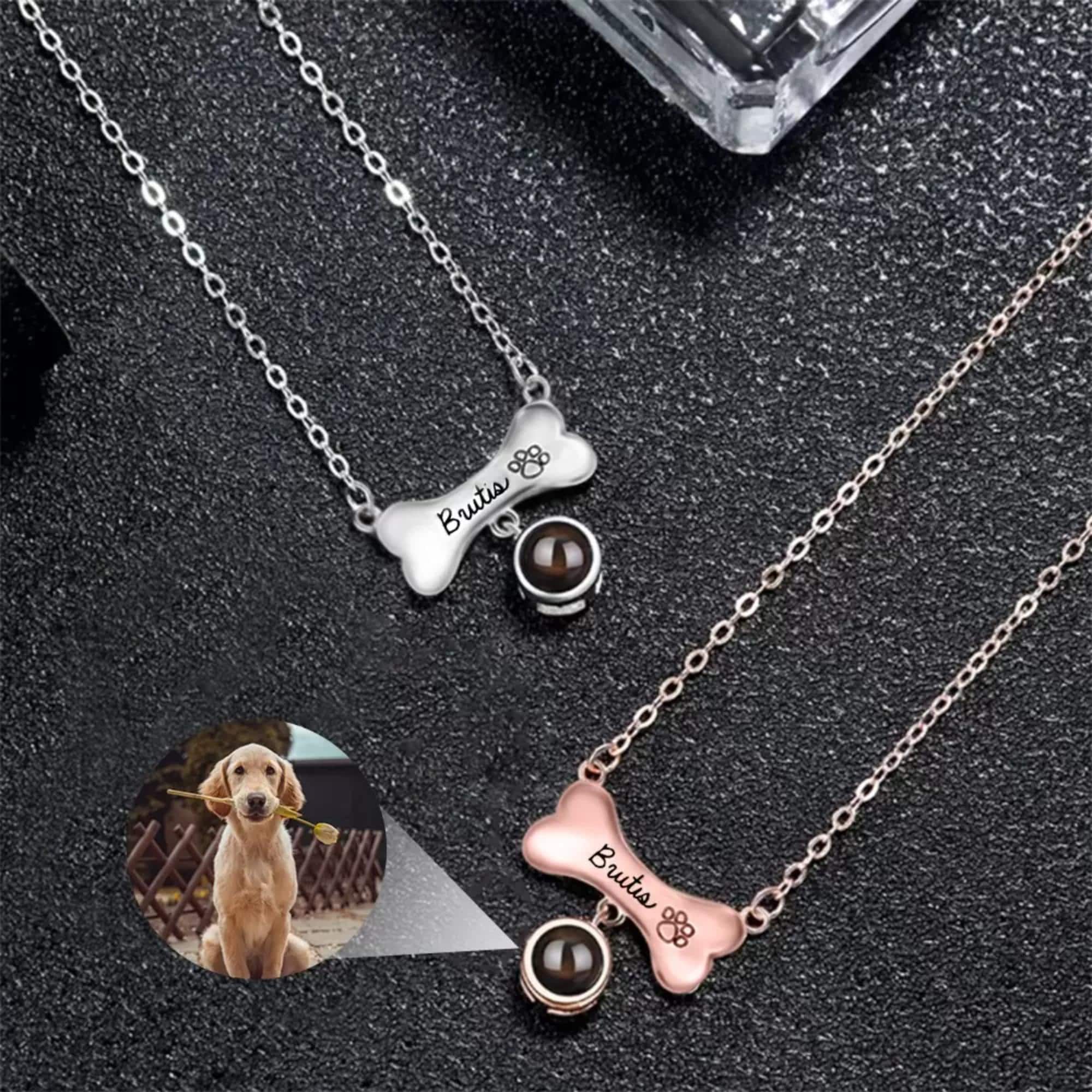 写真と名前入りカスタム犬骨プロジェクションネックレス、925
