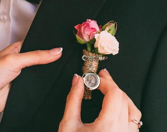 Pin de solapa de boda con foto personalizada, broche con imagen de robo de acero inoxidable para el novio, amuleto de ramo de memoria nupcial, regalo de boda para prometido/novia/novio