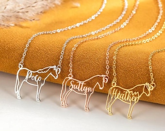 馬の品種名ネックレス - パーソナライズされた 925 スターリングシルバーと 18k ゴールドメッキの乗馬ギフト、線画の馬ジュエリー