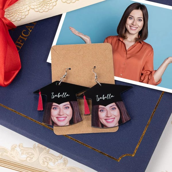 Personalized Face + Name Photo Earrings with Graduation Cap - Custom Acrylic Photo Dangly Jewelry Gift for Graduates, Funny Graduation Party