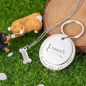 Matching Dog Collar Tag & Bone Necklace for Owner Personalized Set, Gift for Pets/Pet Owners, Stainless Steel Custom Engraved Dog Collar Tag