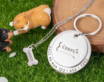 Matching Dog Collar Tag & Bone Necklace for Owner Personalized Set, Gift for Pets/Pet Owners, Stainless Steel Custom Engraved Dog Collar Tag