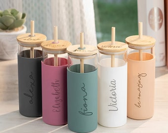 Custom Name Glass Tumbler w Straw, Glass Tumbler with Bamboo Lid + Silicone Sleeve, Ice Coffee Tumbler/Beaker/Cup, Homeware Gifts for Her