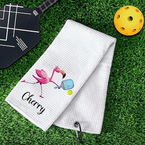 Personalized Pickleball Towel, Custom Flamingo Waffle Towel, Absorbent Sweat Towel w/ Clip for Players, Gift for Sports Lovers