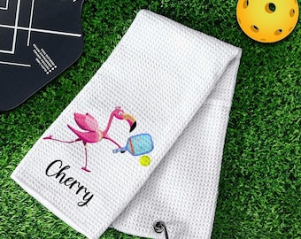 Personalized Pickleball Towel, Custom Flamingo Waffle Towel, Absorbent Sweat Towel w/ Clip for Players, Gift for Sports Lovers