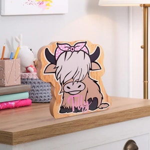 Custom Name Highland Cow Piggy Bank, Personalized Wooden Cow Money Bank, Cute Farm Animal Bedroom Decor, Highland Cow Lover Gift