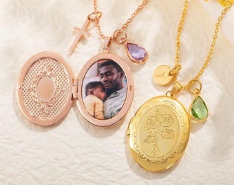 Custom Locket Necklace with Birth Flower & Birthstone, Personalized Photo Necklace for Women, Floral Jewelry Pendant for Mom