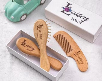 Personalized New Born Baby Gift Set with Custom Name, Baby Hair Brushes, Comb + Pacifier Clip and Blanket Set, Complete Baby Shower Gift Set