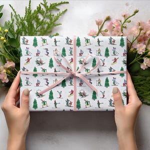 Ski Gift Wrapping Paper Roll - Ski Themed Winter Landscape Print for Ski Lovers & Fans, Perfect for Holiday Gifts