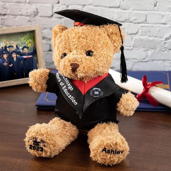 Graduation Teddy Bear with Custom School Badge + Degree Title, Plush Bear with Mortarboard, Personalized Graduation Gifts for Students