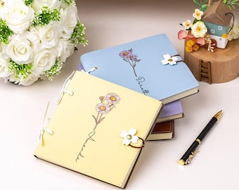 Custom Name Birth Flower Sketchbook with Flower Buckle, Girly Floral Leather Strap Notebook, Personalized Name Floral Leather Journal