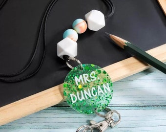 Personalized Name Glitter Disc Lanyard with Geometric Beads for Teachers/Nurses, Acrylic & Silicone Beaded Colorful Lanyard, Teacher Gift