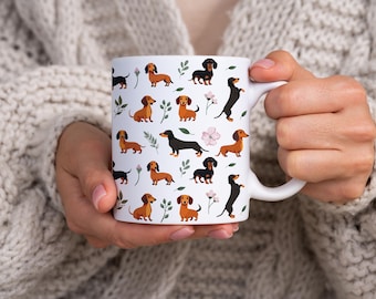 Dachshund Dog Print Mug - 11oz Ceramic Coffee Cup, Perfect Gift for Dog Moms & Dachshund Lovers, Cute Drinkware